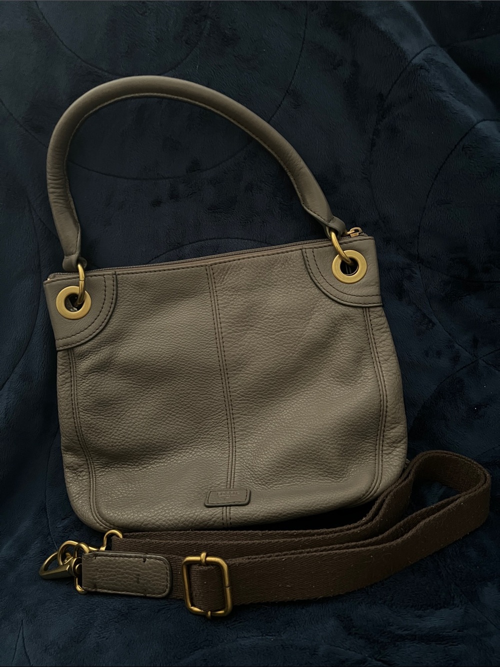 Fossil Gray Leather Shoulder Bag with Brown Cross Body Strap w/Gold Hardware